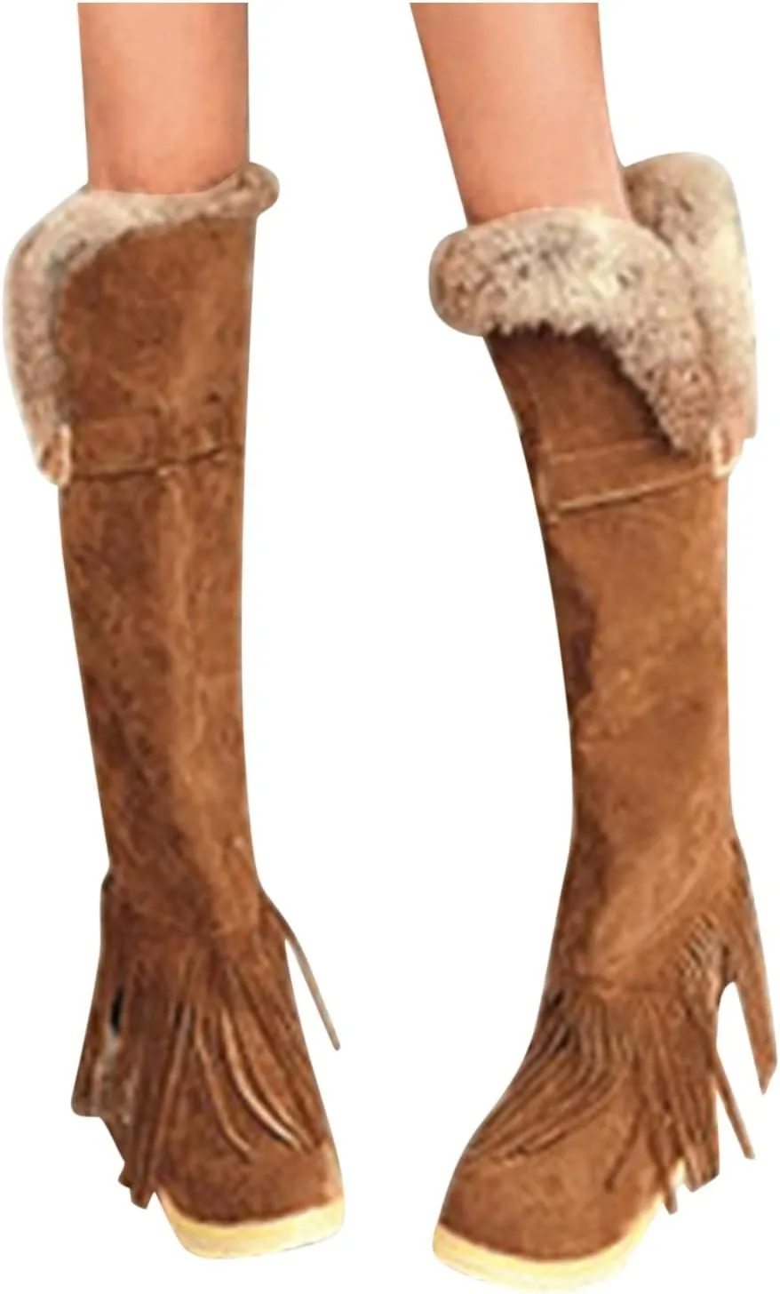 2021 Women's Shoes Breathable Flats Suede Tassel Pure Colors Thermal Winter FashionThigh Boots