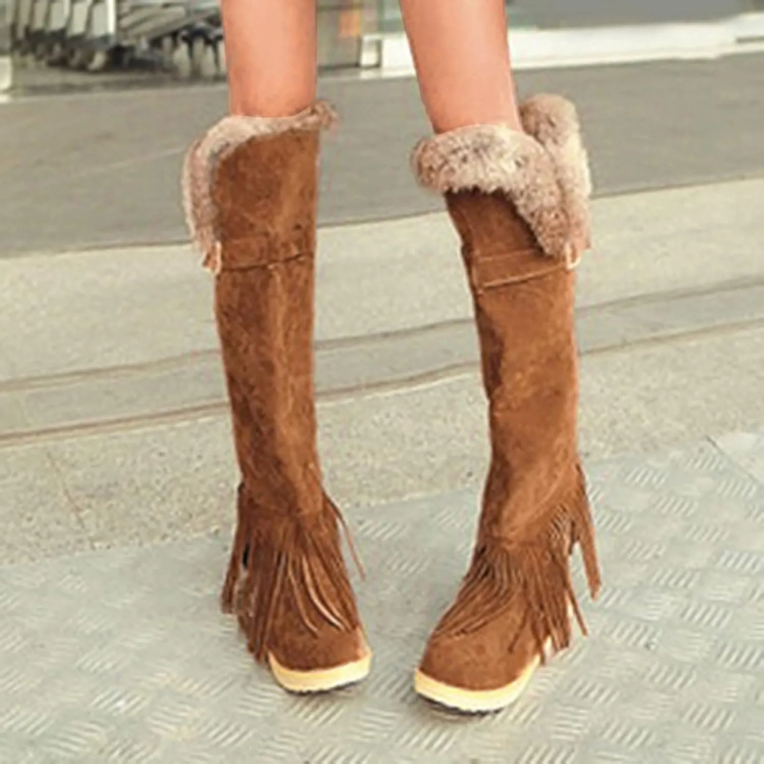 2021 Women's Shoes Breathable Flats Suede Tassel Pure Colors Thermal Winter FashionThigh Boots