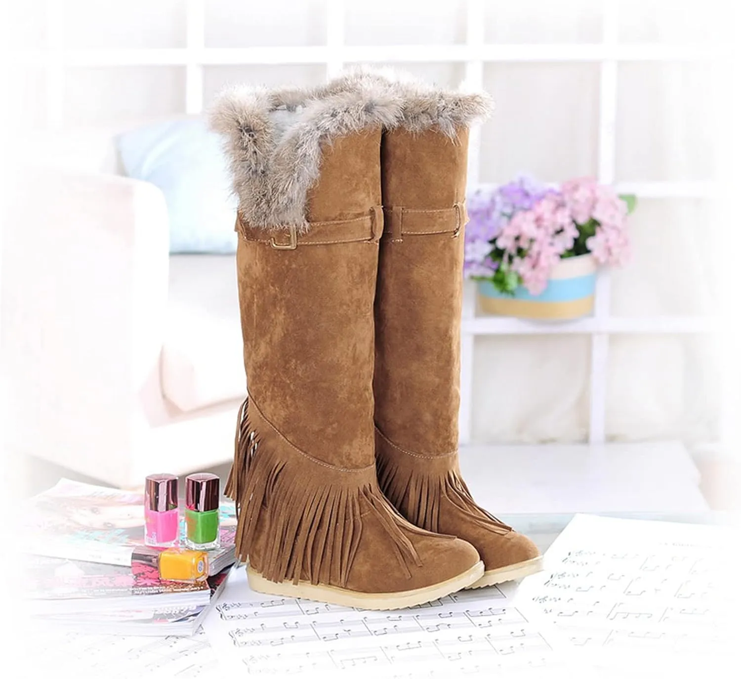 2021 Women's Shoes Breathable Flats Suede Tassel Pure Colors Thermal Winter FashionThigh Boots