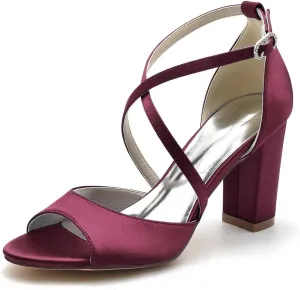 3.34 Inches White Womens Heeled Sandals Buckle Open Toe Satin Elegant Simple Wedding Party Bridal Shoes Block Heel Ankle Strap Sandals