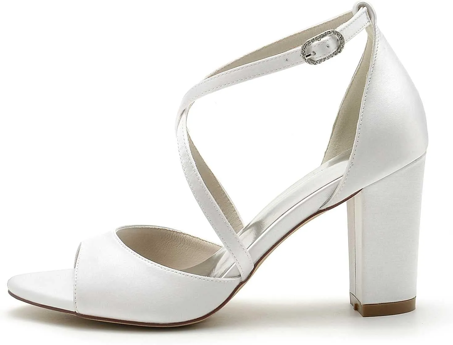 3.34 Inches White Womens Heeled Sandals Buckle Open Toe Satin Elegant Simple Wedding Party Bridal Shoes Block Heel Ankle Strap Sandals