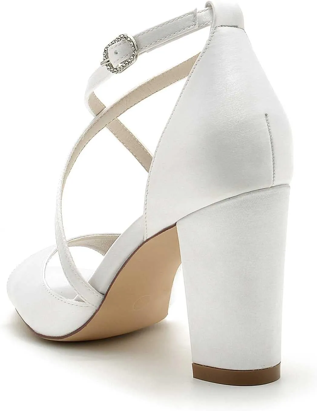 3.34 Inches White Womens Heeled Sandals Buckle Open Toe Satin Elegant Simple Wedding Party Bridal Shoes Block Heel Ankle Strap Sandals