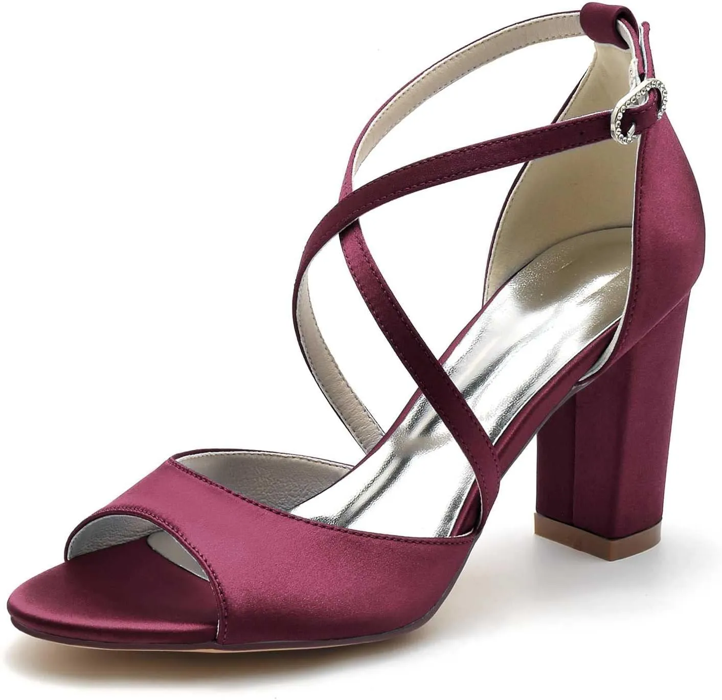 3.34 Inches White Womens Heeled Sandals Buckle Open Toe Satin Elegant Simple Wedding Party Bridal Shoes Block Heel Ankle Strap Sandals