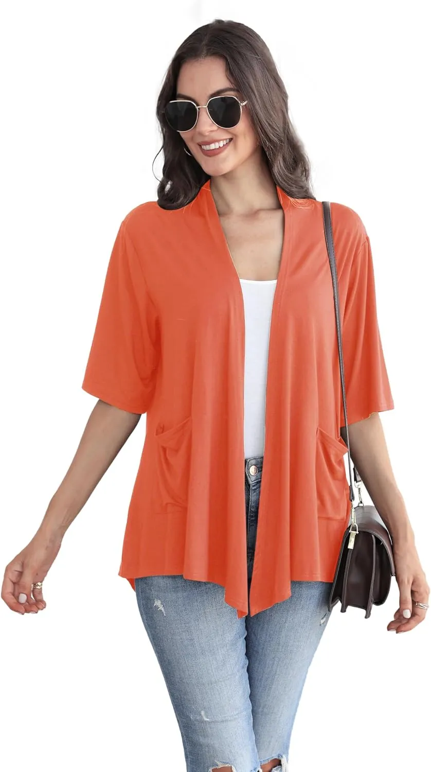 ADANIKI Womens Short Sleeve Open Front Lightweight Casual Comfy Long Line Drape Hem Soft Modal Cardigans Sweater