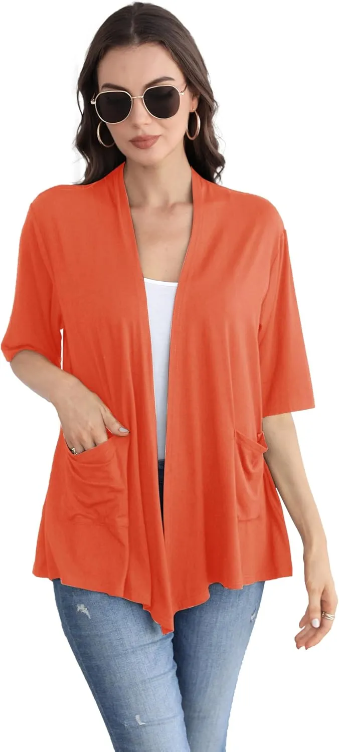 ADANIKI Womens Short Sleeve Open Front Lightweight Casual Comfy Long Line Drape Hem Soft Modal Cardigans Sweater