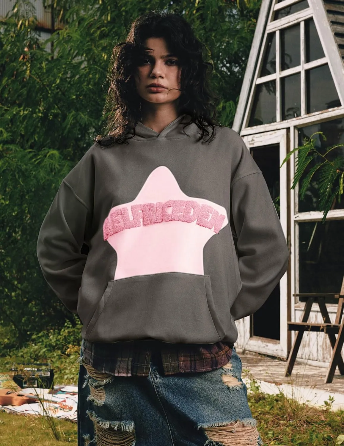 Aelfric Eden Womens Graphic Hoodies Pink Star Print Hoodie Unisex Oversized Hoodies Long Sleeve Pocket Pullover