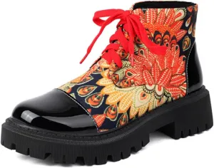 Aflngle Women's Block Platform Floral Pattern Lace Up Flat Ankle Boots Fashion Round Toe Low Heel Gothic Combat Boots Punk Motorcycle Short Booties