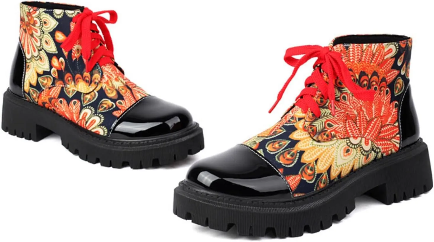 Aflngle Women's Block Platform Floral Pattern Lace Up Flat Ankle Boots Fashion Round Toe Low Heel Gothic Combat Boots Punk Motorcycle Short Booties