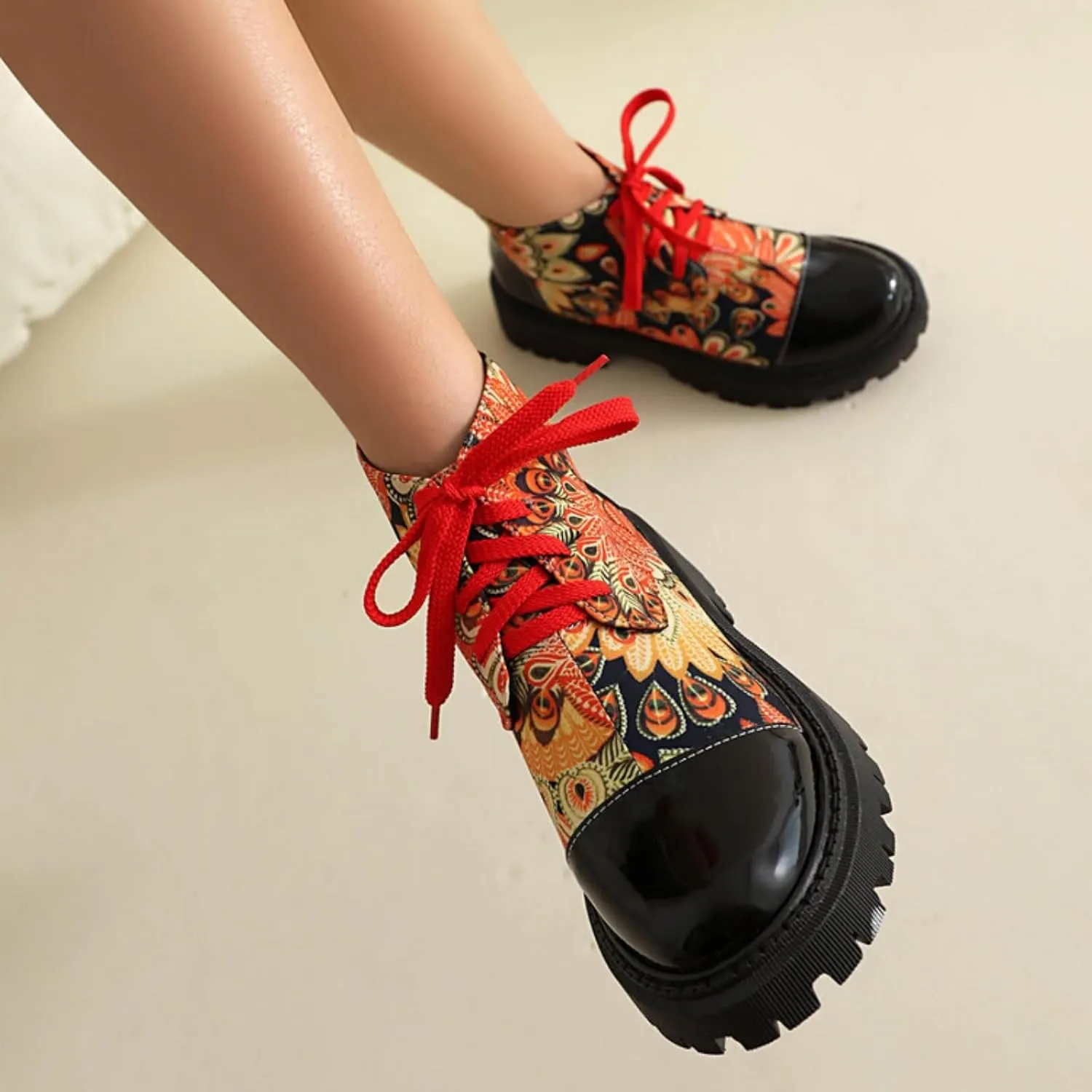 Aflngle Women's Block Platform Floral Pattern Lace Up Flat Ankle Boots Fashion Round Toe Low Heel Gothic Combat Boots Punk Motorcycle Short Booties