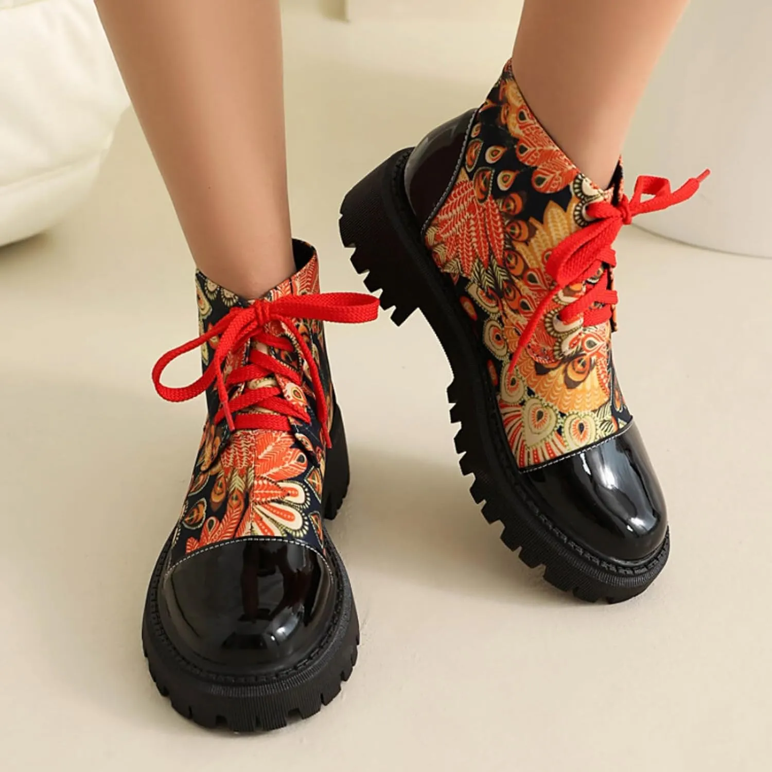 Aflngle Women's Block Platform Floral Pattern Lace Up Flat Ankle Boots Fashion Round Toe Low Heel Gothic Combat Boots Punk Motorcycle Short Booties