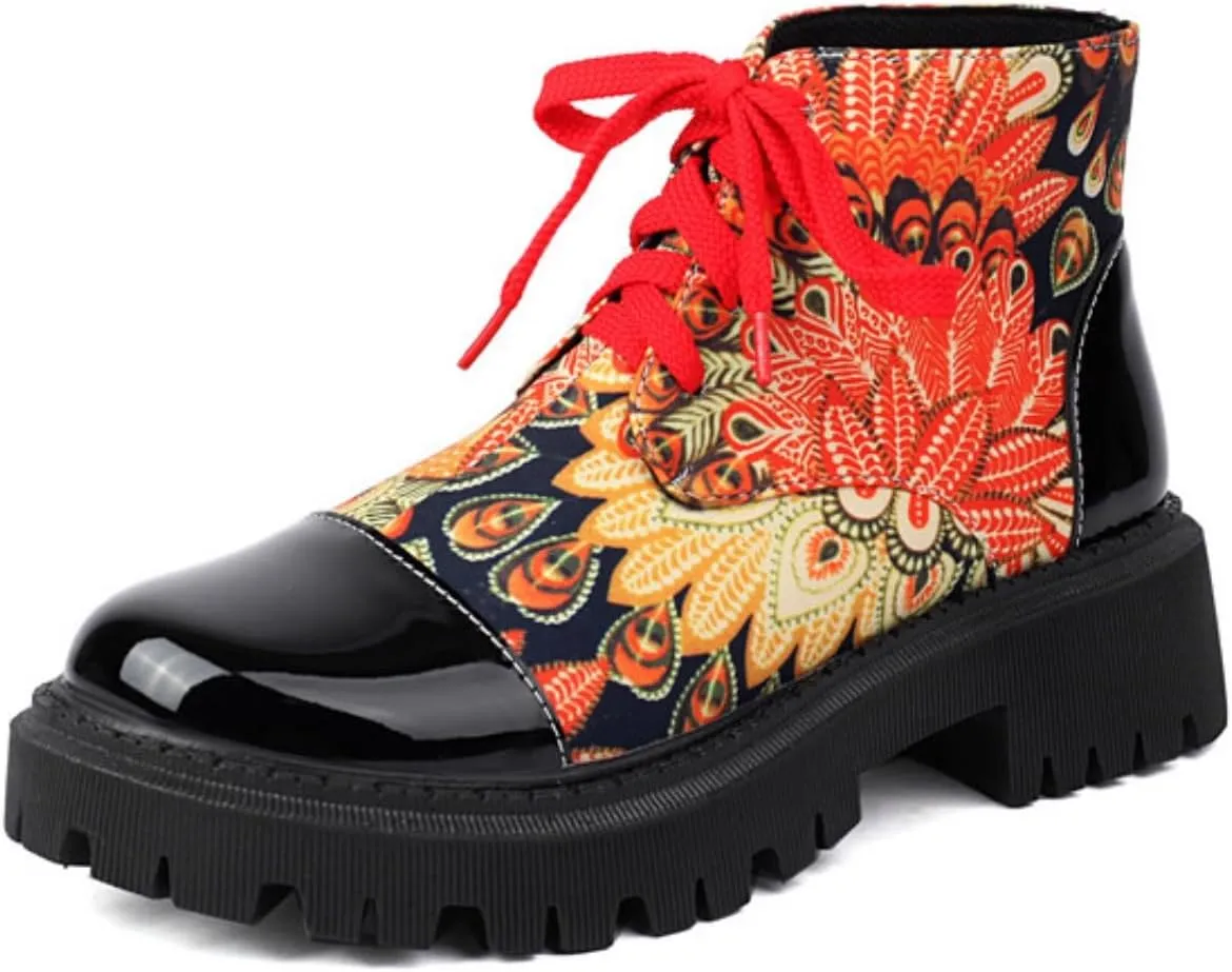 Aflngle Women's Block Platform Floral Pattern Lace Up Flat Ankle Boots Fashion Round Toe Low Heel Gothic Combat Boots Punk Motorcycle Short Booties