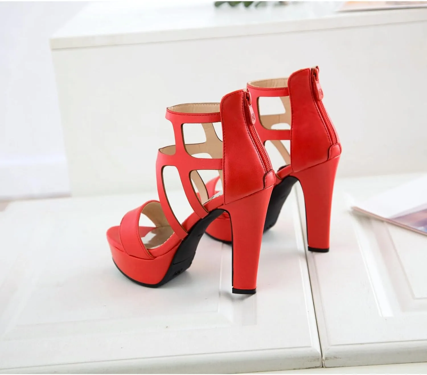 Aflngle Women's Platform Chunky High Heels Open Toe Sandals Shoes Pointed Toe Back Zipper Snakeskin Printed Hollow Out Wedding Party Dress Pumps