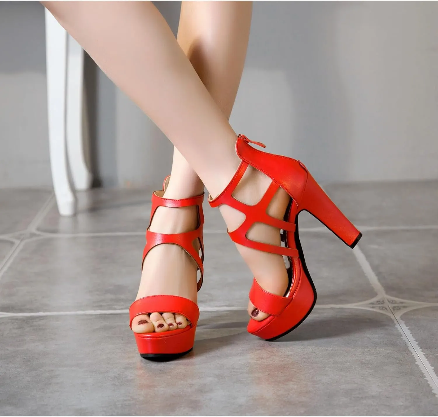 Aflngle Women's Platform Chunky High Heels Open Toe Sandals Shoes Pointed Toe Back Zipper Snakeskin Printed Hollow Out Wedding Party Dress Pumps