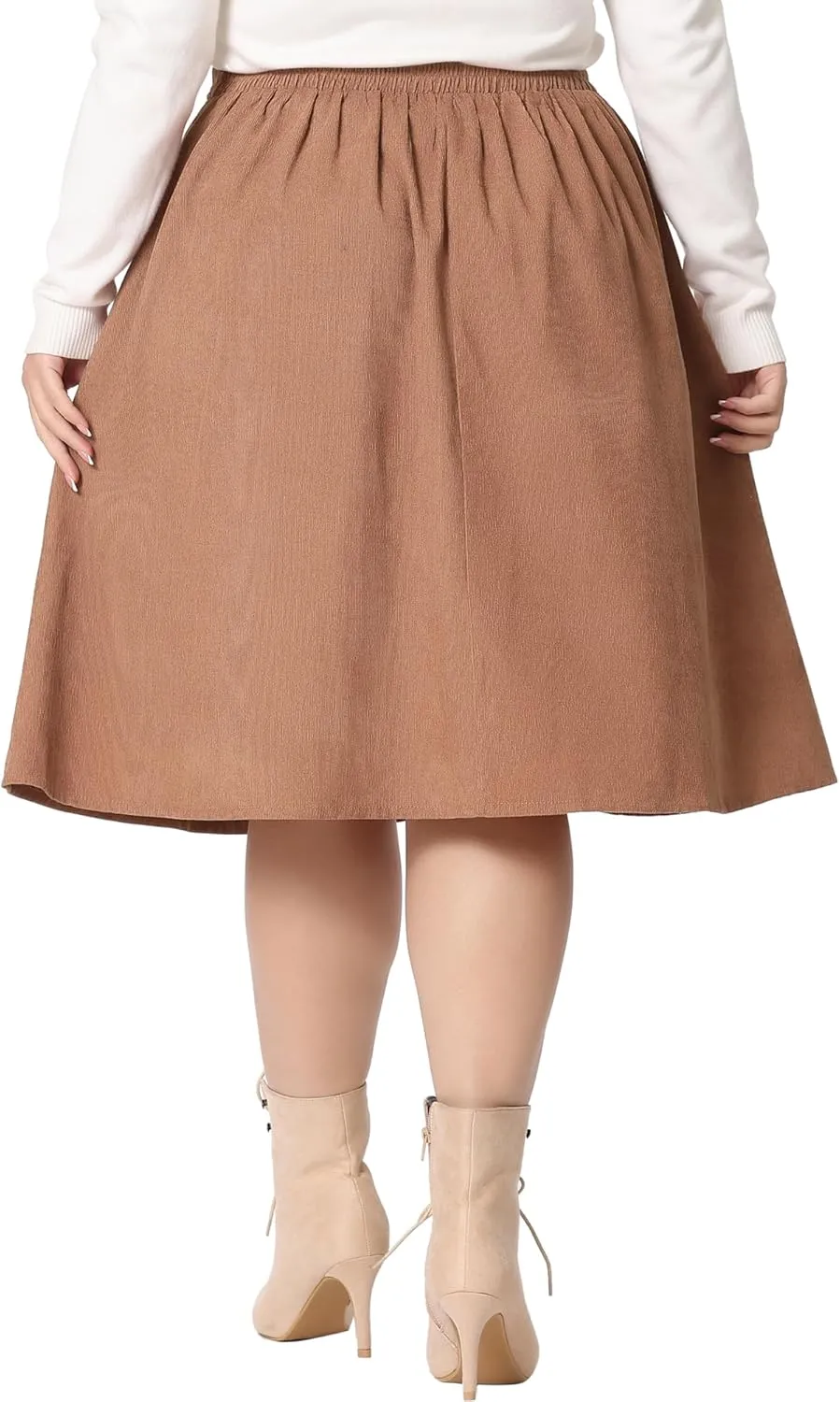 Agnes Orinda Plus Size Corduroy Skirt for Women Elastic High A Line with Pockets Midi Skirts