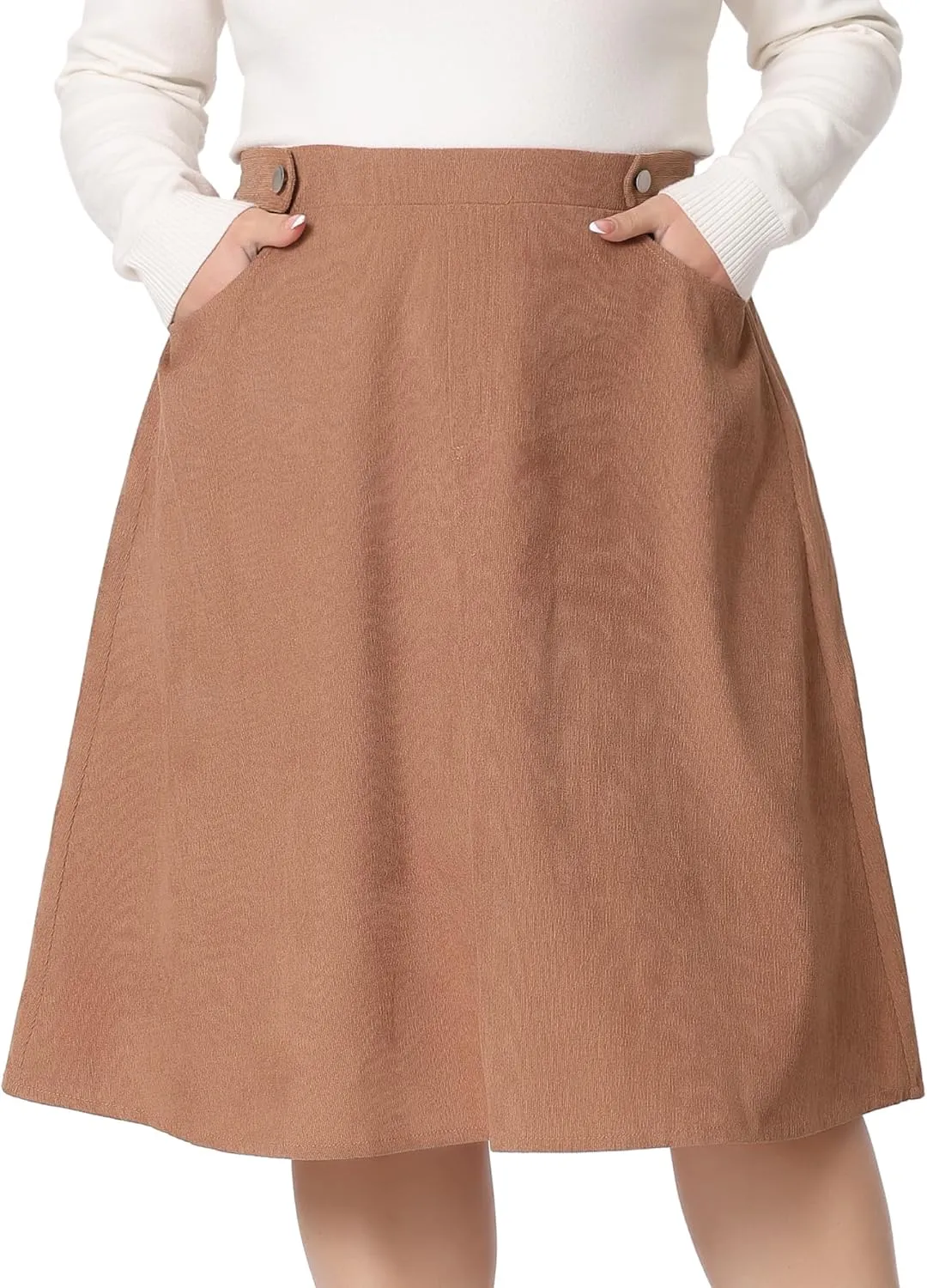 Agnes Orinda Plus Size Corduroy Skirt for Women Elastic High A Line with Pockets Midi Skirts