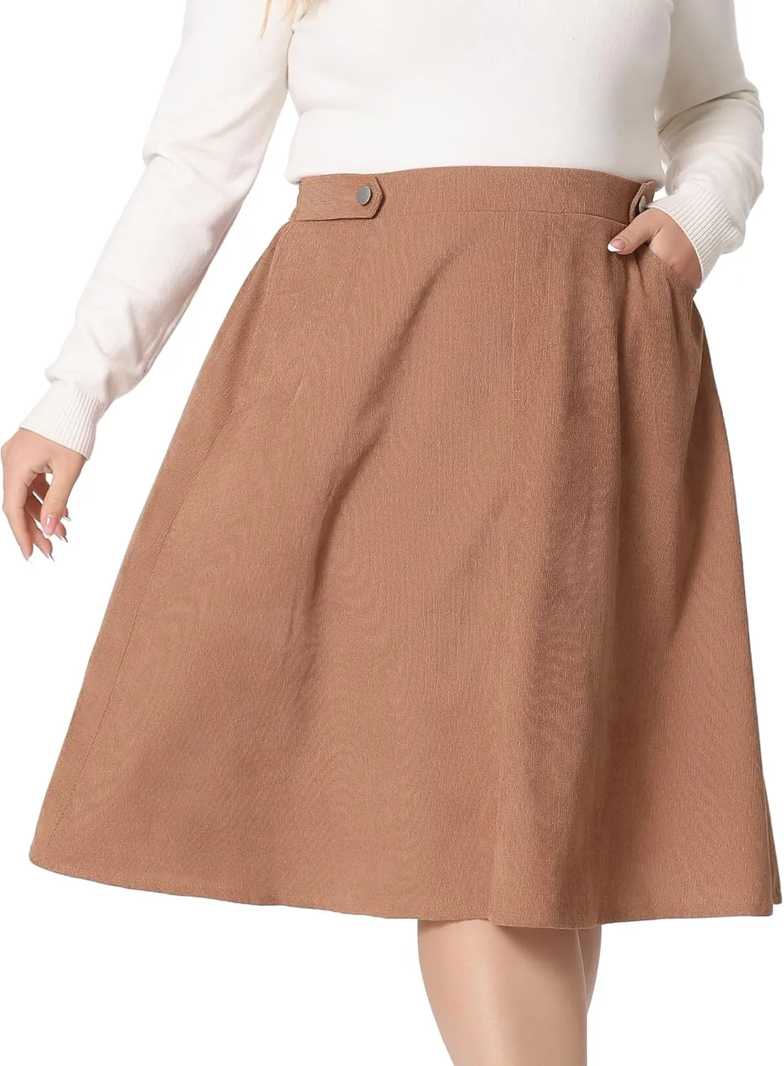 Agnes Orinda Plus Size Corduroy Skirt for Women Elastic High A Line with Pockets Midi Skirts
