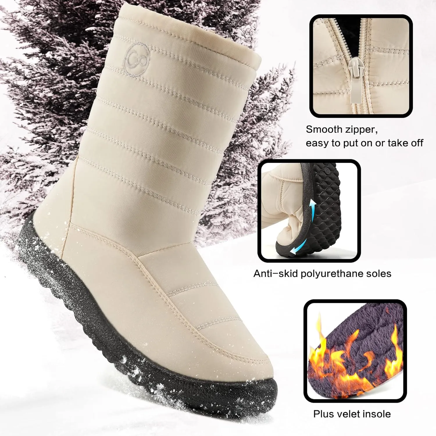 Alicegana Womens Winter Snow Boots for Women Waterproof Warm Fur Lining Mid Calf Boots with Zipper Comfortable Outdoor Shoes