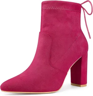 Allegra K Women's Pointed Toe Drawstring Pull on Block Heel Ankle Boots