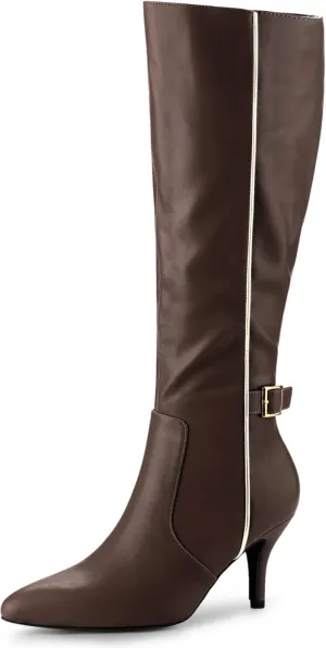 Allegra K Women's Pointy Toe Buckle Stiletto Heel Knee High Boots