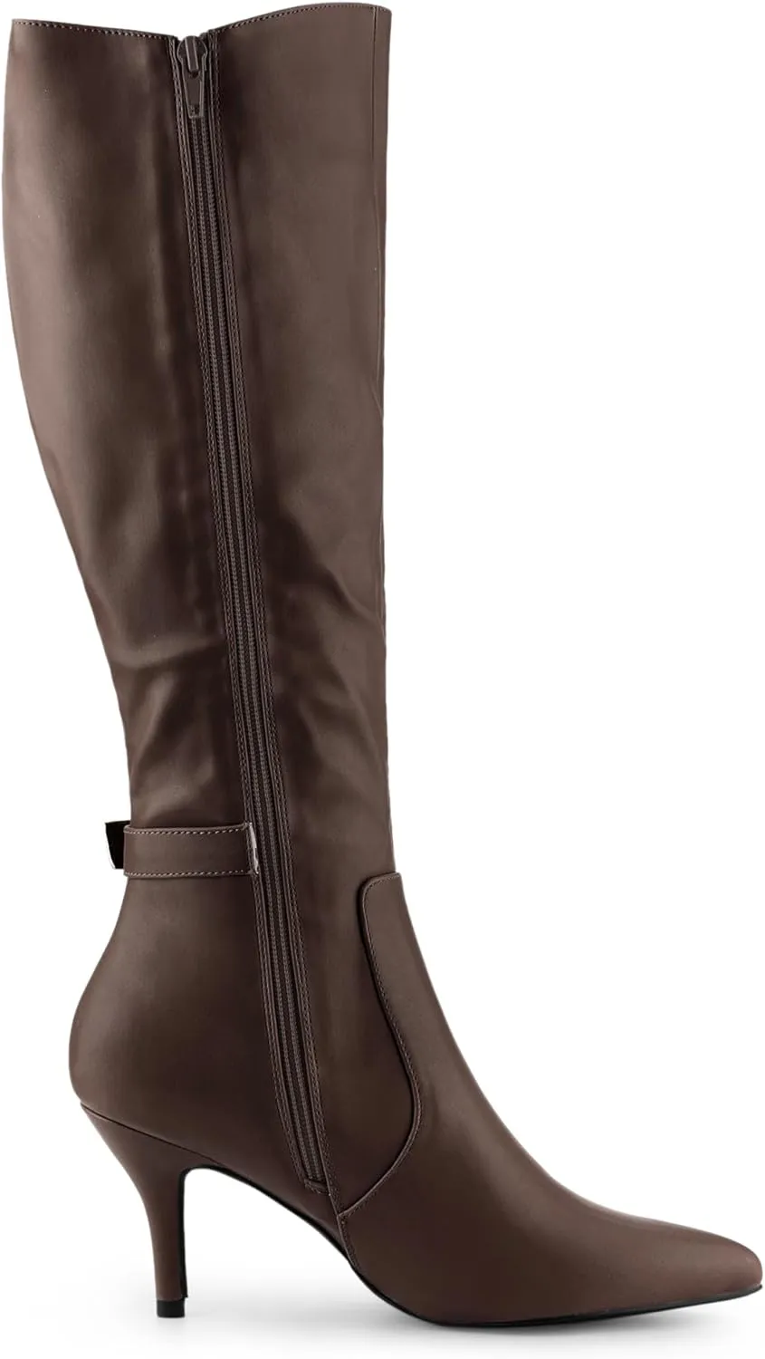 Allegra K Women's Pointy Toe Buckle Stiletto Heel Knee High Boots