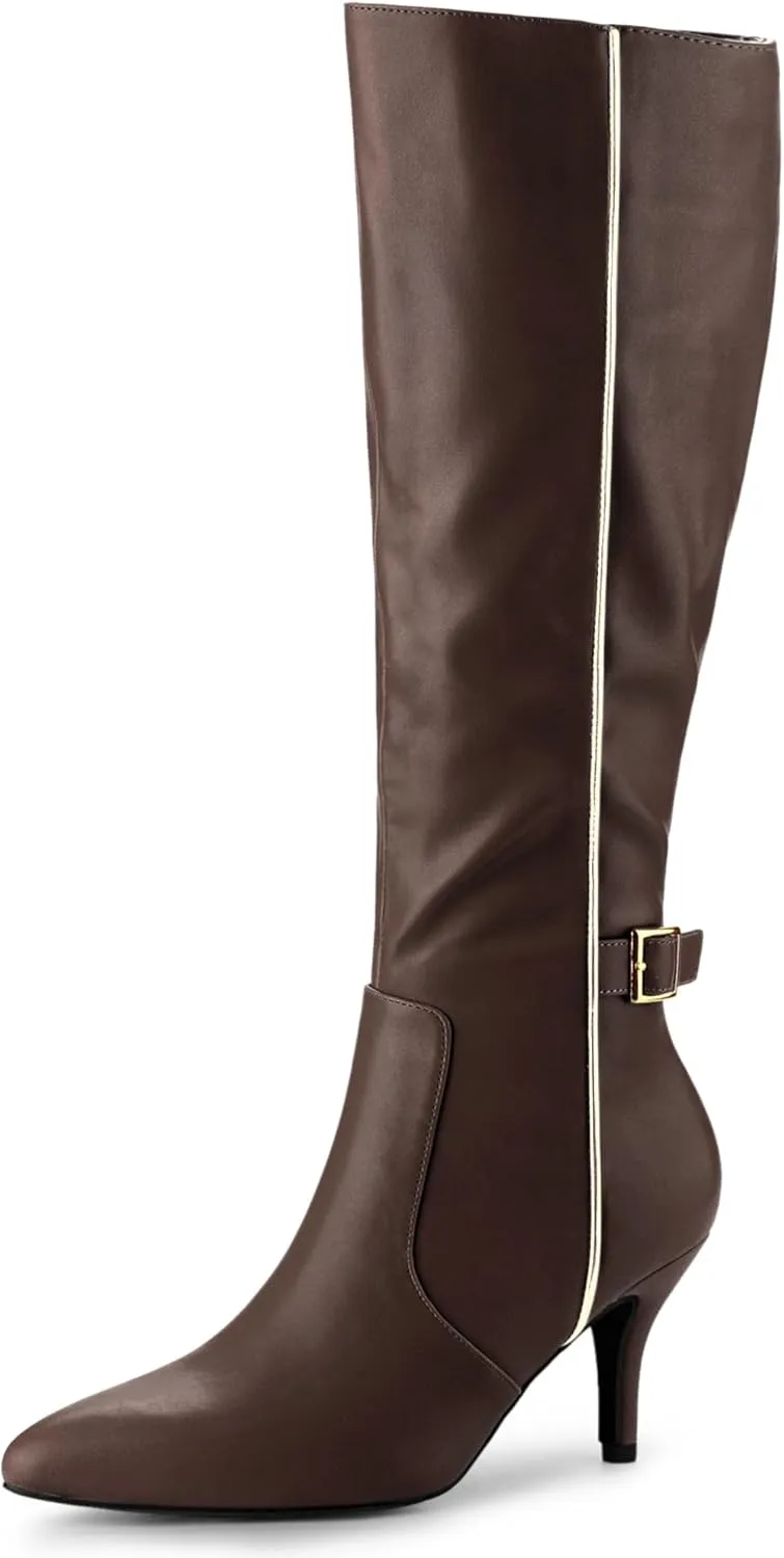 Allegra K Women's Pointy Toe Buckle Stiletto Heel Knee High Boots