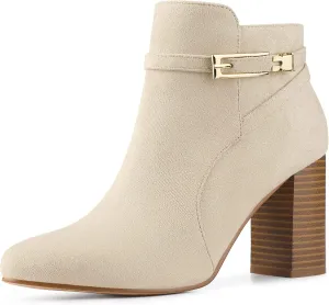 Allegra K Women's Round Toe Buckle Chunky Heels Ankle Boots