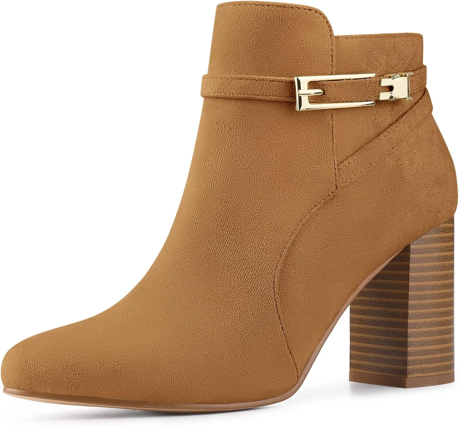Allegra K Women's Round Toe Buckle Chunky Heels Ankle Boots