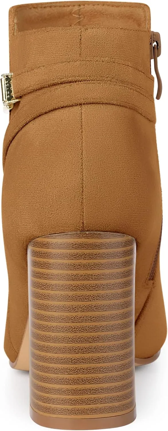 Allegra K Women's Round Toe Buckle Chunky Heels Ankle Boots