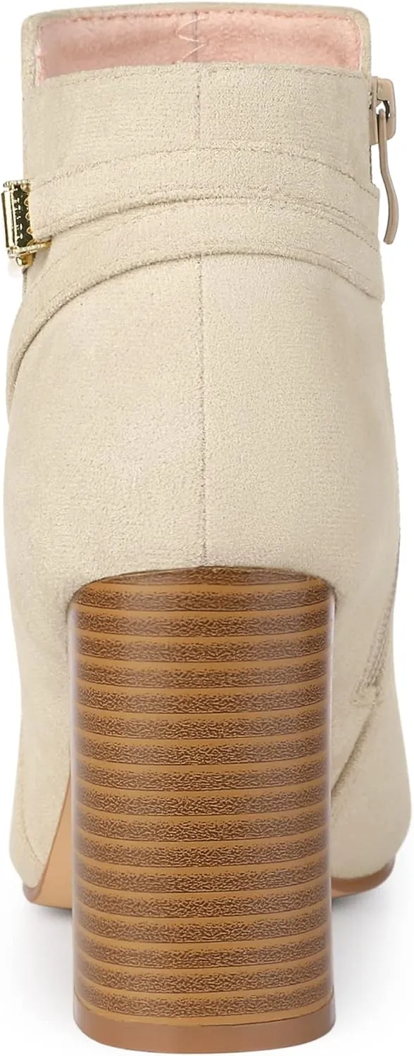 Allegra K Women's Round Toe Buckle Chunky Heels Ankle Boots