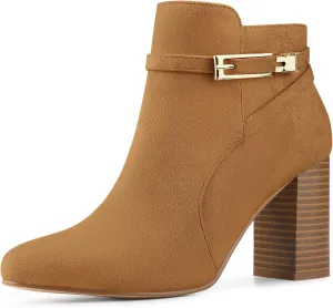 Allegra K Women's Round Toe Buckle Chunky Heels Ankle Boots