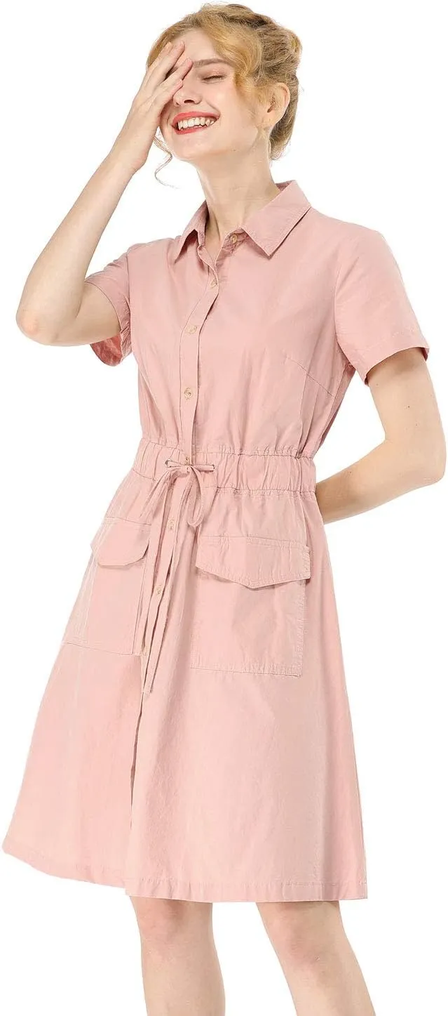 Allegra K Women's Safari Dresses Short Sleeve Cotton Button Down Collar Shirt Dress