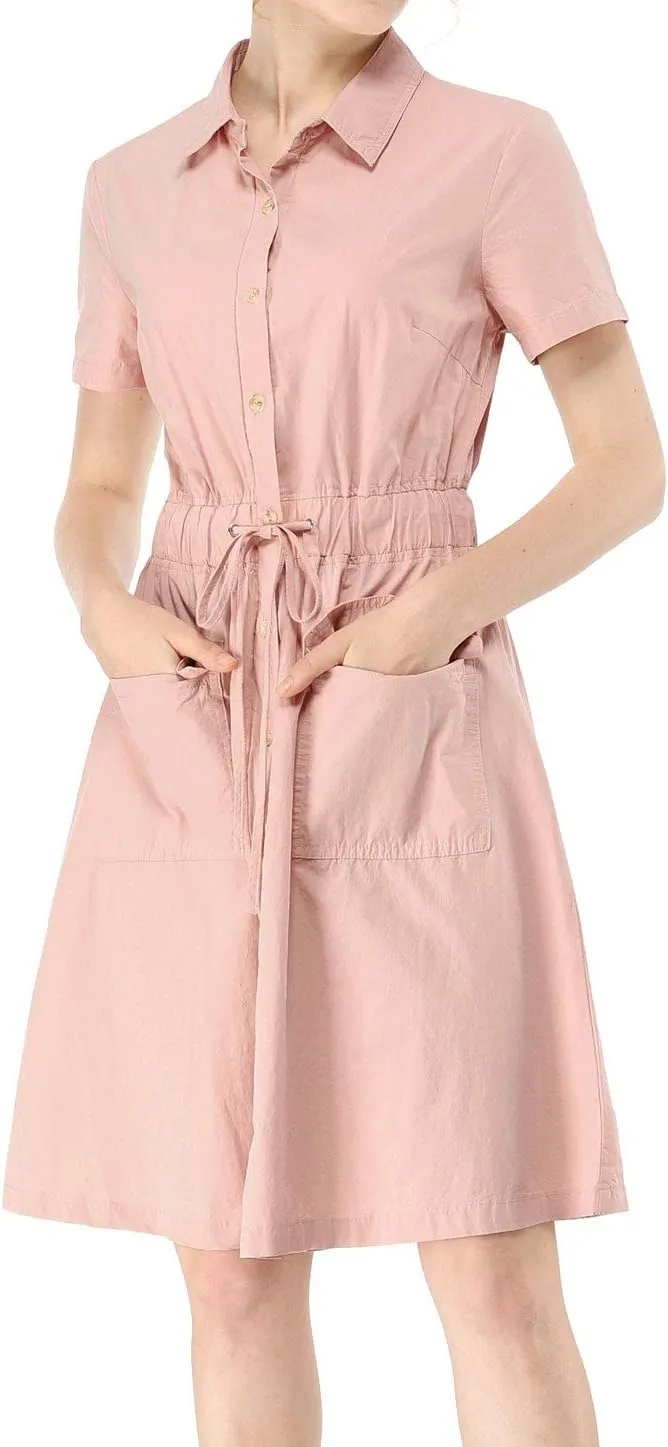 Allegra K Women's Safari Dresses Short Sleeve Cotton Button Down Collar Shirt Dress
