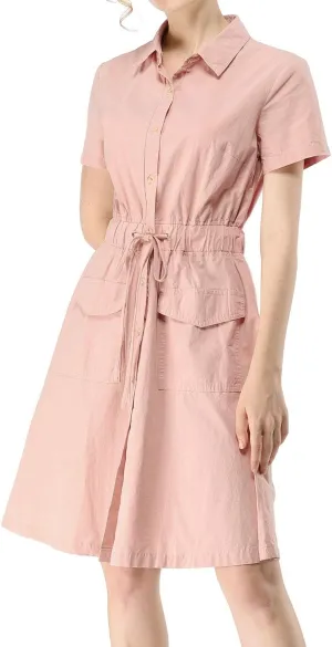 Allegra K Women's Safari Dresses Short Sleeve Cotton Button Down Collar Shirt Dress