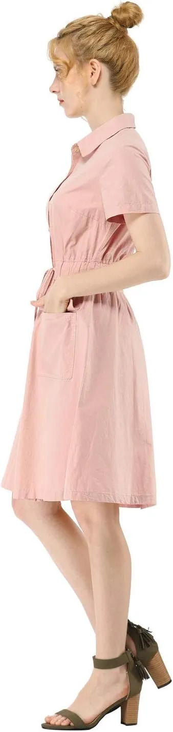 Allegra K Women's Safari Dresses Short Sleeve Cotton Button Down Collar Shirt Dress