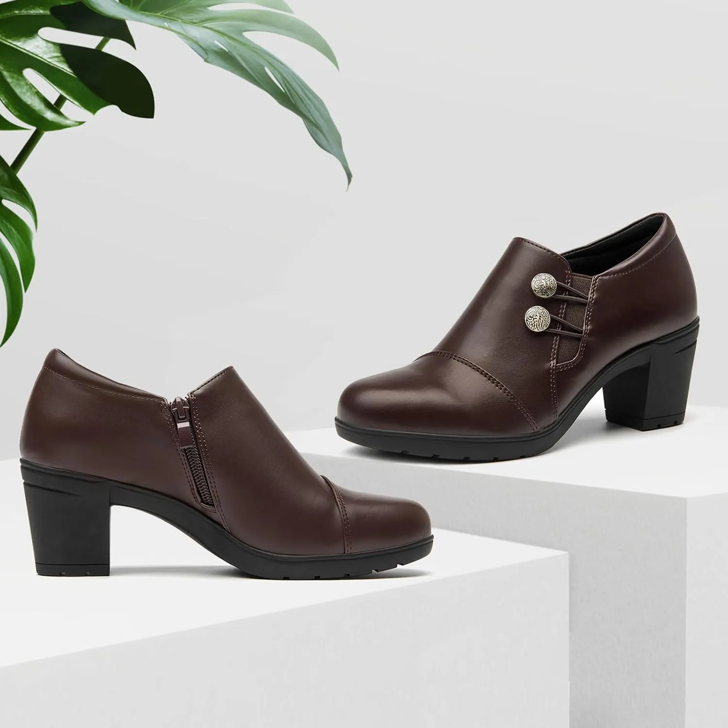ALLOT Women's Dress Shoes Low Chunky Block Heels Slip-On Round Toe Office Business Work Pumps Supportive Casual Comfort Loafers