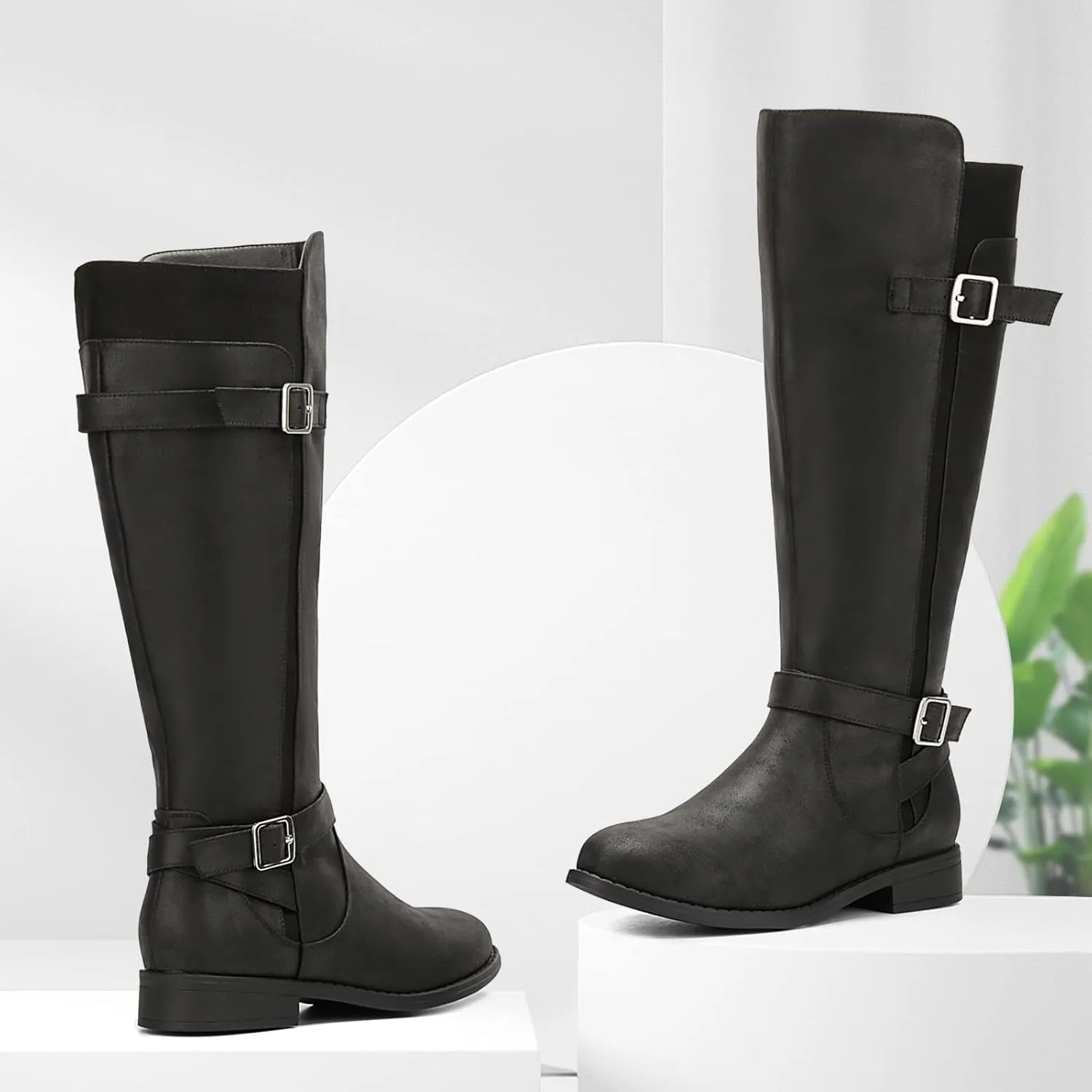 ALLOT Women's Knee High Boots Stretchy Fashion Riding Boot Flat Low Heel Buckle Strap Winter Motorcycle Shoes