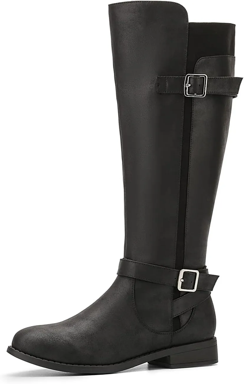 ALLOT Women's Knee High Boots Stretchy Fashion Riding Boot Flat Low Heel Buckle Strap Winter Motorcycle Shoes