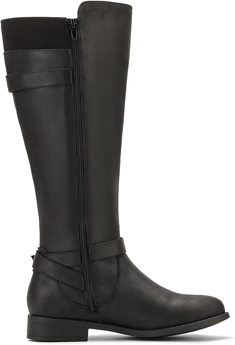 ALLOT Women's Knee High Boots Stretchy Fashion Riding Boot Flat Low Heel Buckle Strap Winter Motorcycle Shoes