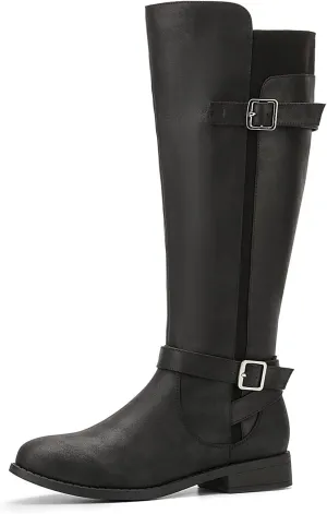 ALLOT Women's Knee High Boots Stretchy Fashion Riding Boot Flat Low Heel Buckle Strap Winter Motorcycle Shoes