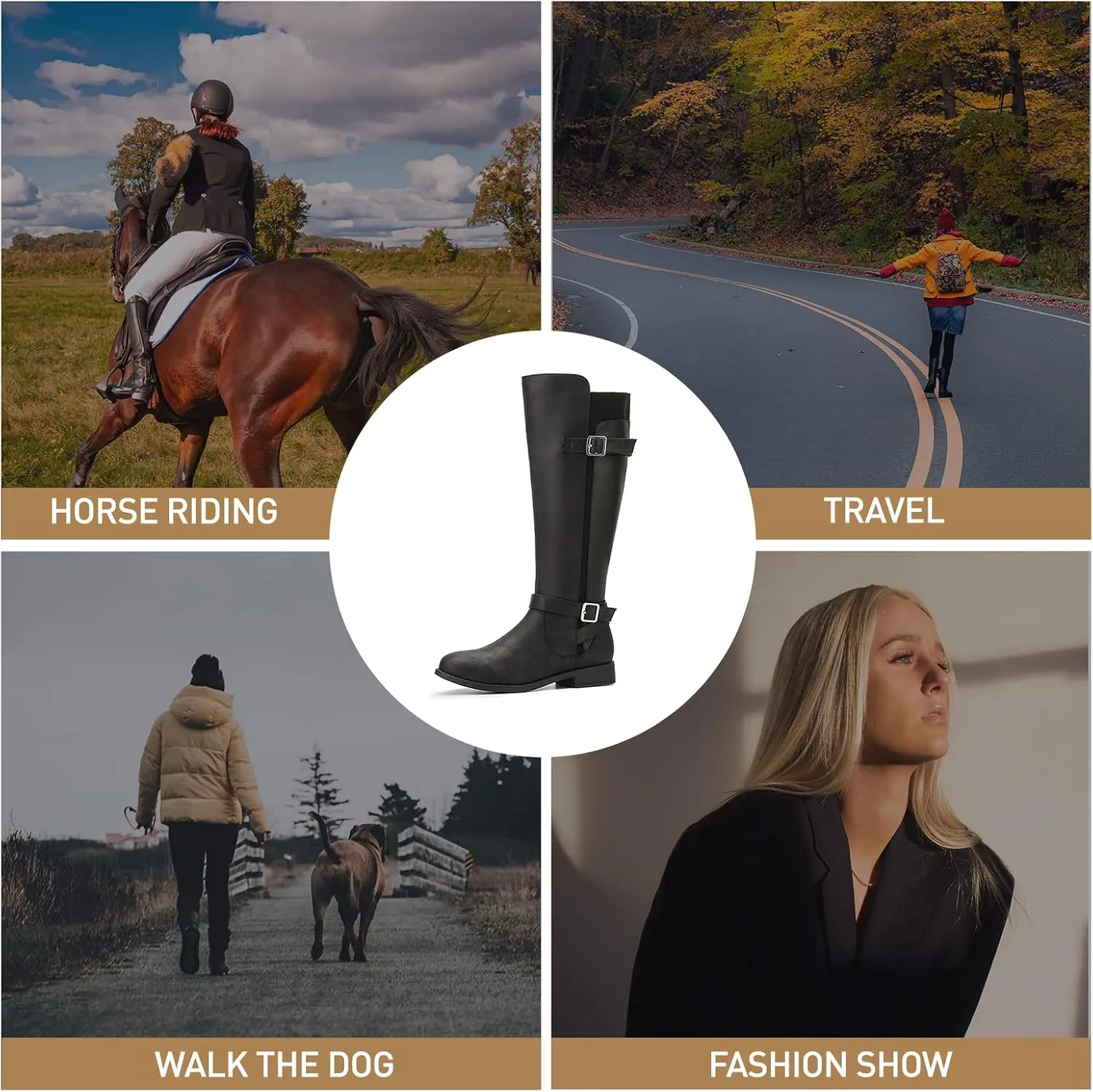 ALLOT Women's Knee High Boots Stretchy Fashion Riding Boot Flat Low Heel Buckle Strap Winter Motorcycle Shoes