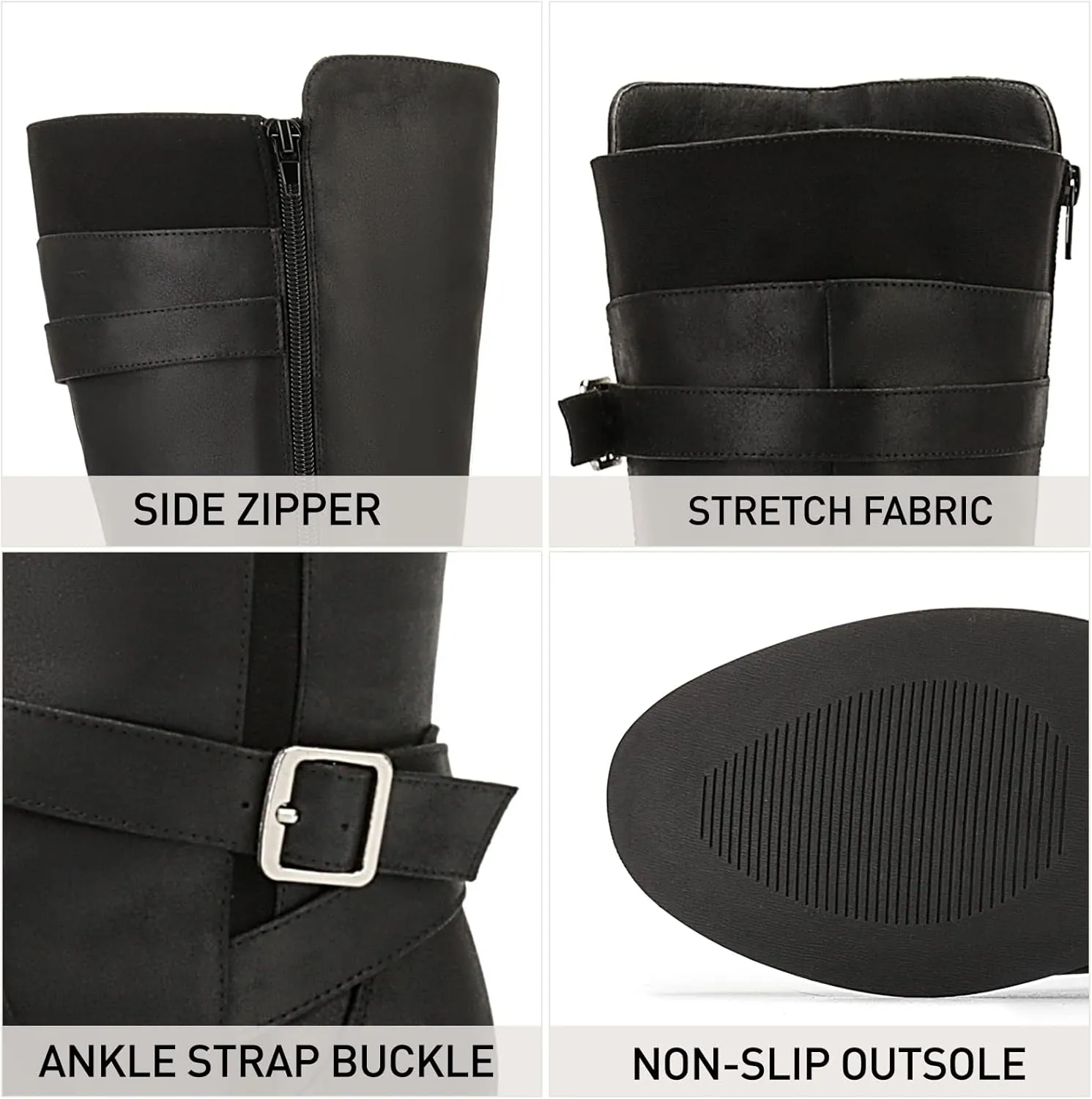 ALLOT Women's Knee High Boots Stretchy Fashion Riding Boot Flat Low Heel Buckle Strap Winter Motorcycle Shoes