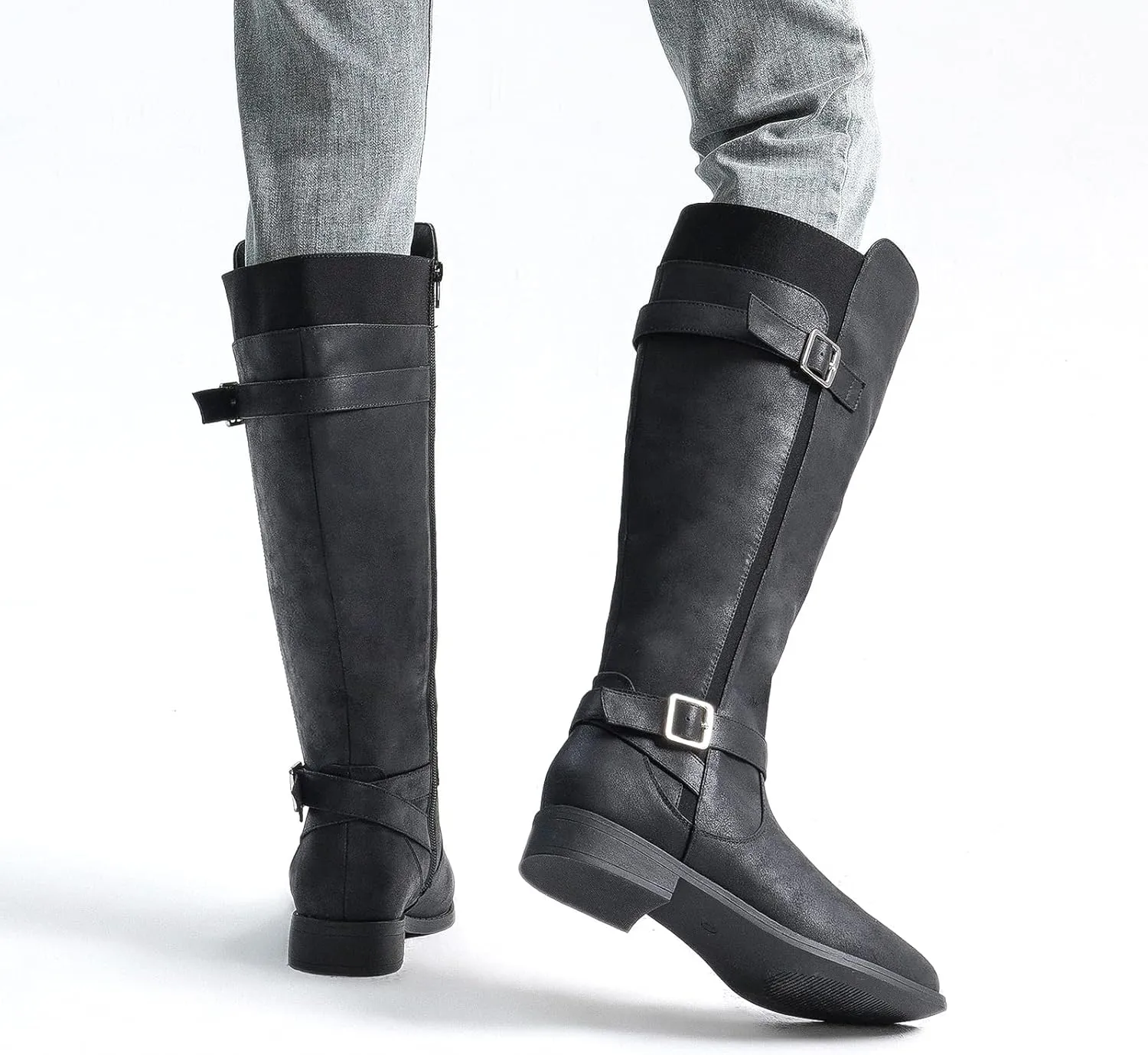 ALLOT Women's Knee High Boots Stretchy Fashion Riding Boot Flat Low Heel Buckle Strap Winter Motorcycle Shoes