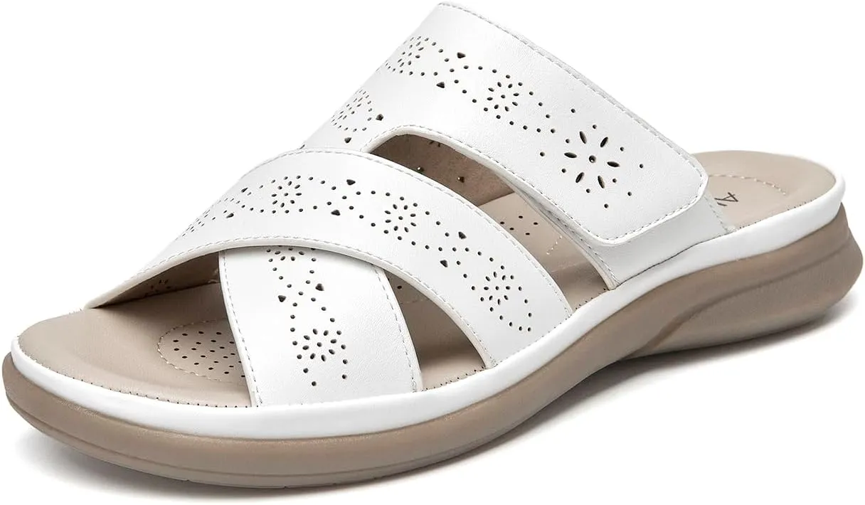 ALLOT Women's Slide Sandals Slip On Open Toe Dressy Summer Flat Sandals Arch Support Adjustable Straps Comfortable Beach Walking Shoes