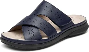 ALLOT Women's Slide Sandals Slip On Open Toe Dressy Summer Flat Sandals Arch Support Adjustable Straps Comfortable Beach Walking Shoes