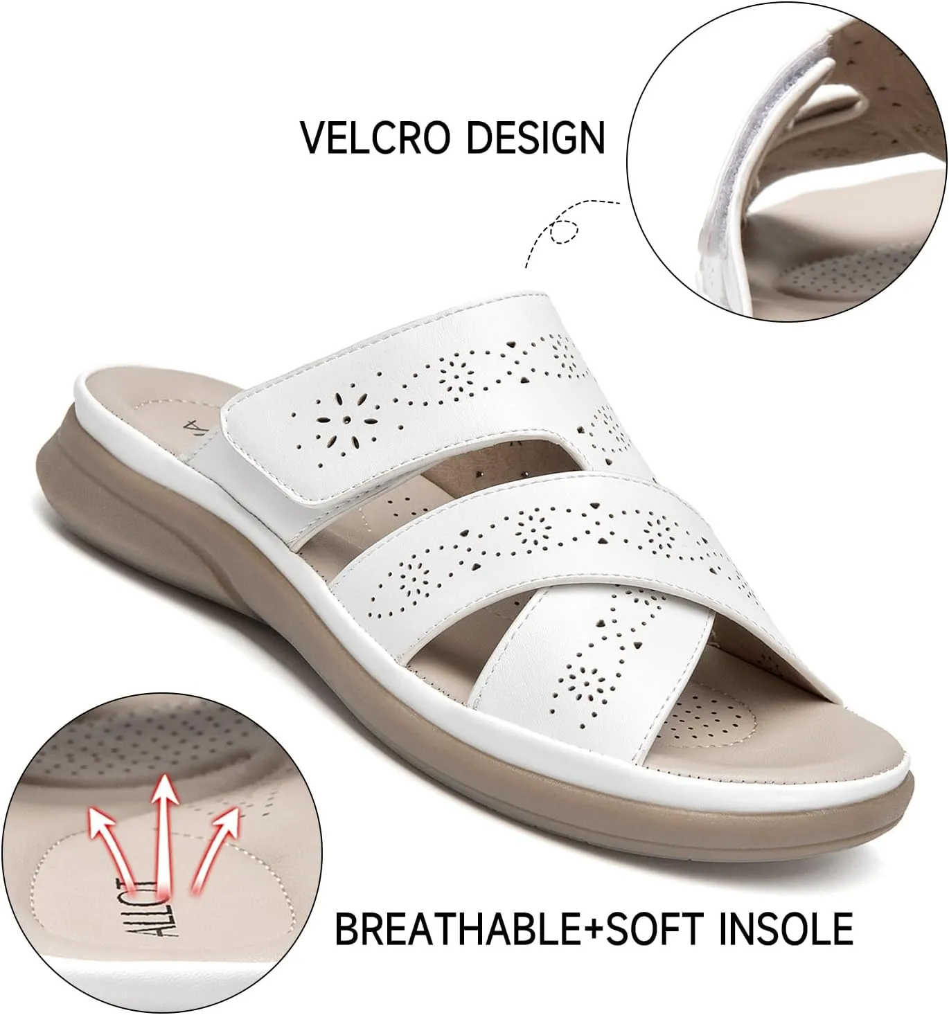ALLOT Women's Slide Sandals Slip On Open Toe Dressy Summer Flat Sandals Arch Support Adjustable Straps Comfortable Beach Walking Shoes