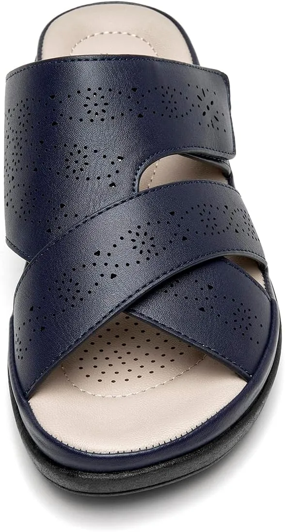 ALLOT Women's Slide Sandals Slip On Open Toe Dressy Summer Flat Sandals Arch Support Adjustable Straps Comfortable Beach Walking Shoes