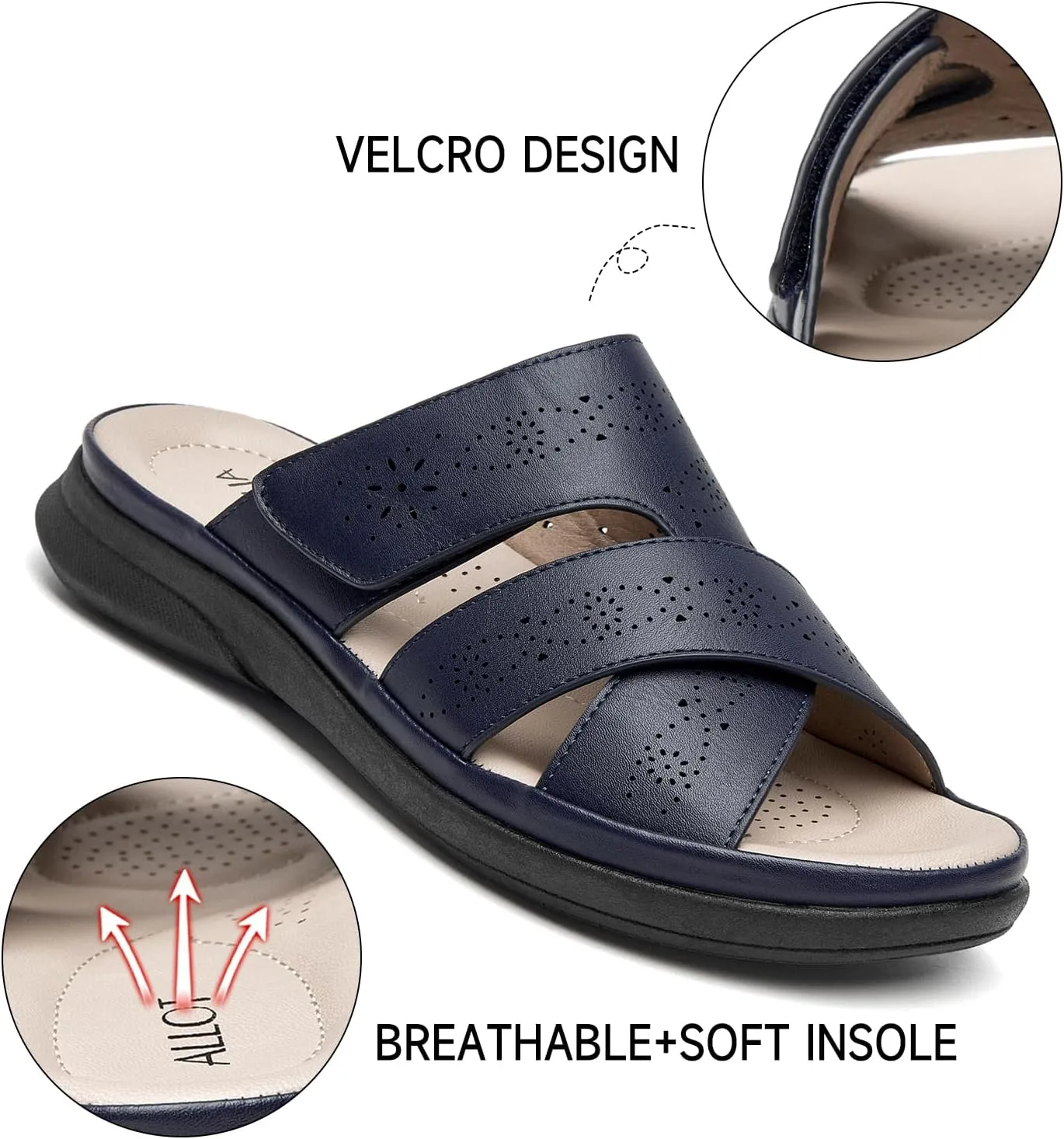 ALLOT Women's Slide Sandals Slip On Open Toe Dressy Summer Flat Sandals Arch Support Adjustable Straps Comfortable Beach Walking Shoes
