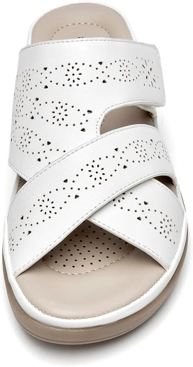 ALLOT Women's Slide Sandals Slip On Open Toe Dressy Summer Flat Sandals Arch Support Adjustable Straps Comfortable Beach Walking Shoes