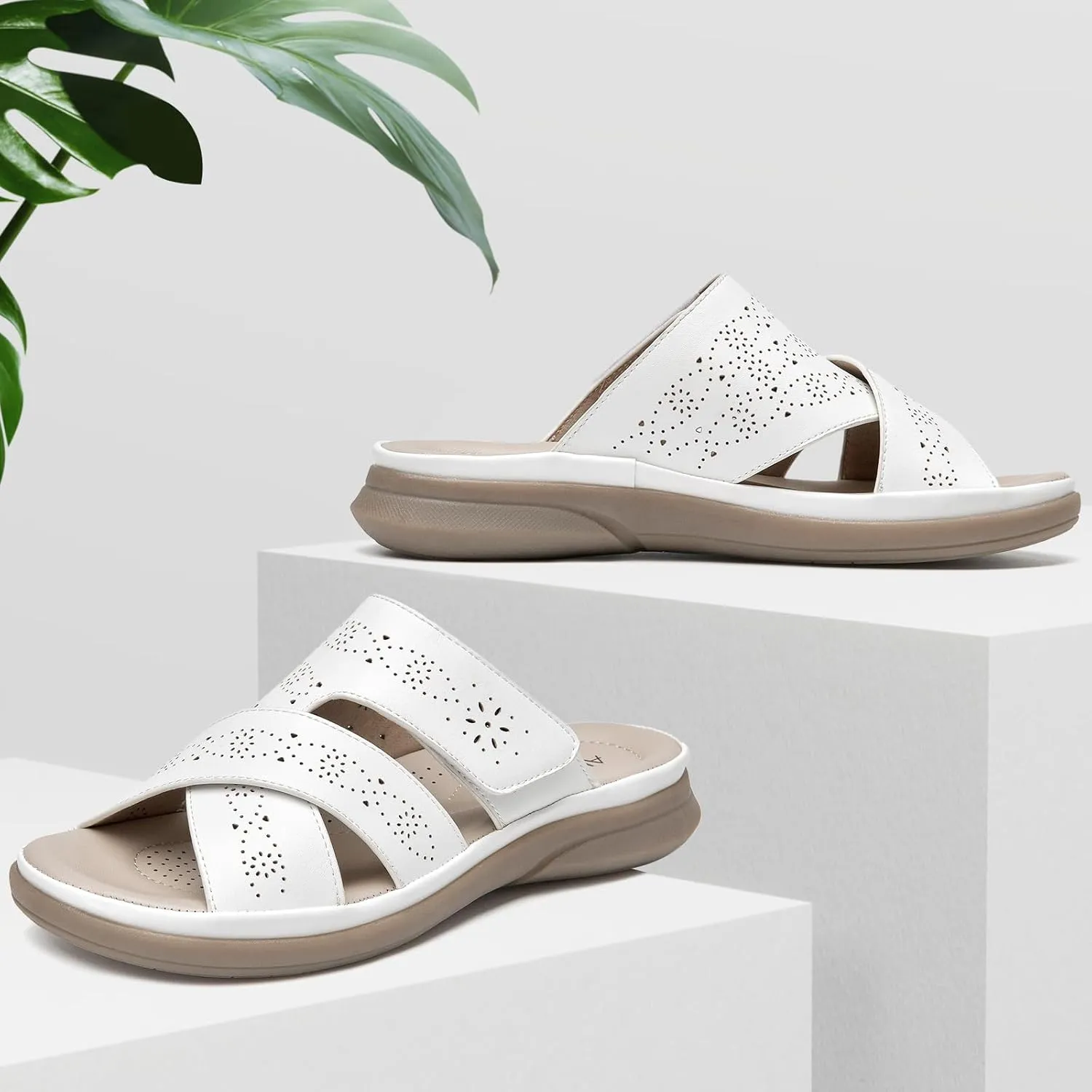 ALLOT Women's Slide Sandals Slip On Open Toe Dressy Summer Flat Sandals Arch Support Adjustable Straps Comfortable Beach Walking Shoes