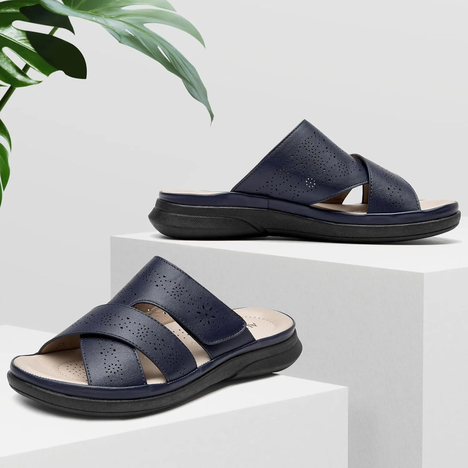 ALLOT Women's Slide Sandals Slip On Open Toe Dressy Summer Flat Sandals Arch Support Adjustable Straps Comfortable Beach Walking Shoes